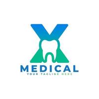 Dental Clinic Logo. Blue Shape Initial Letter X Linked with Tooth Symbol inside. Usable for Dentist, Dental Care and Medical Logos. Flat Vector Logo Design Ideas Template Element.