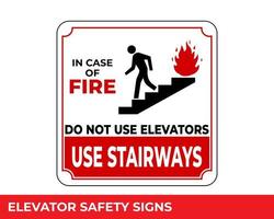 en caso de incendio, use las escaleras, no use el letrero de los ascensores con un mensaje de advertencia para áreas industriales, fácil de usar y plantillas de diseño de impresión vector