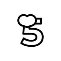 número 5 con corazón amor en elemento de plantilla de diseño de logotipo de estilo de línea vector