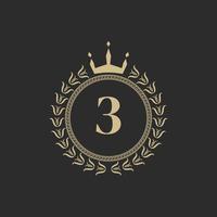 Number 3 Heraldic Royal Frame with Crown and Laurel Wreath. Simple Classic Emblem. Round Composition. Graphics Style. Art Elements for Logo Design Vector Illustration