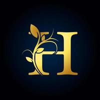 Elegant H Luxury Logo. Golden Floral Alphabet Logo with Flowers Leaves. Perfect for Fashion, Jewelry, Beauty Salon, Cosmetics, Spa, Boutique, Wedding, Letter Stamp, Hotel and Restaurant Logo. vector