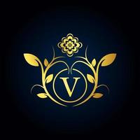 Elegant V Luxury Logo. Golden Floral Alphabet Logo with Flowers Leaves. Perfect for Fashion, Jewelry, Beauty Salon, Cosmetics, Spa, Boutique, Wedding, Letter Stamp, Hotel and Restaurant Logo. vector