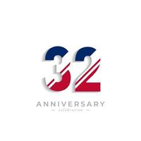 32 Year Anniversary Celebration with White Slash in Red and Blue American Flag Color. Happy Anniversary Greeting Celebrates Event Isolated on White Background vector