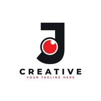 Abstract Eye Logo Letter J. Black Shape J Initial Letter with Red Eyeball inside. Use for Business and Technology Logos. Flat Vector Logo Design Ideas Template Element