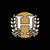 Initial Letter H Linked Monogram Golden Laurel Wreath with Circle Logo. Graceful Design for Restaurant, Cafe, Brand name, Badge, Label, luxury identity vector