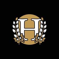 Initial Letter H Linked Monogram Golden Laurel Wreath with Circle Logo. Graceful Design for Restaurant, Cafe, Brand name, Badge, Label, luxury identity vector