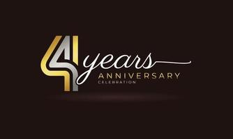 4 Year Anniversary Celebration Logotype with Linked Multiple Line Silver and Golden Color for Celebration Event, Wedding, Greeting Card, and Invitation Isolated on Dark Background vector