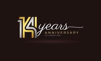 Logotipo de celebración de aniversario de 14 años con varias líneas vinculadas de color plateado y dorado para eventos de celebración, bodas, tarjetas de felicitación e invitaciones aisladas en un fondo oscuro