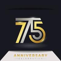 Celebración del aniversario de 75 años con varias líneas vinculadas de color dorado y plateado para eventos de celebración, bodas, tarjetas de felicitación e invitaciones aisladas en un fondo oscuro vector