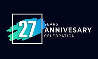 Celebración del aniversario de 27 años con pincel azul y símbolo cuadrado. saludo de feliz aniversario celebra evento aislado sobre fondo negro vector