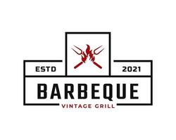 Classic Vintage Retro Label Badge for Grill Barbeque Barbecue BBQ with Crossed Fork and Fire Flame Logo Design Inspiration vector