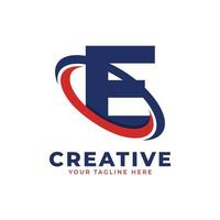 Corporation Letter E Logo With Creative Circle Swoosh Orbit Icon Vector Template Element in Blue and Red Color.