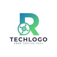 logotipo de la letra r de tecnología. forma geométrica verde con círculo de puntos conectado como vector de logotipo de red. utilizable para logotipos de negocios y tecnología.