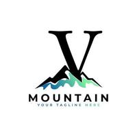 letra inicial v logo de montaña. explore el elemento de plantilla del logotipo de la empresa símbolo de ventaja de montaña. vector
