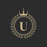 Initial Letter U Heraldic Royal Frame with Crown and Laurel Wreath. Simple Classic Emblem. Round Composition. Graphics Style. Art Elements for Logo Design Vector Illustration