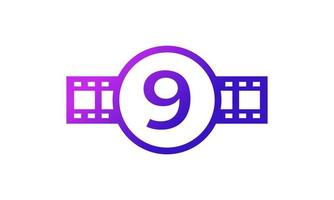 Number 9 Circle with Reel Stripes Filmstrip for Film Movie Cinema Production Studio Logo Inspiration vector