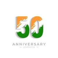 50 Year Anniversary Celebration with Brush White Slash in Yellow Saffron and Green Indian Flag Color. Happy Anniversary Greeting Celebrates Event Isolated on White Background