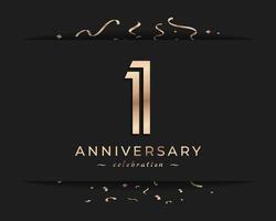 Diseño de estilo de logotipo de celebración de aniversario de 1 año. el saludo de feliz aniversario celebra el evento con múltiples líneas doradas y confeti aislado en la ilustración de diseño de fondo oscuro vector