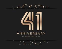 41 Year Anniversary Celebration Logotype Style Design. Happy Anniversary Greeting Celebrates Event with Golden Multiple Line and Confetti Isolated on Dark Background Design Illustration vector