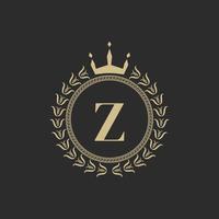 Initial Letter Z Heraldic Royal Frame with Crown and Laurel Wreath. Simple Classic Emblem. Round Composition. Graphics Style. Art Elements for Logo Design Vector Illustration