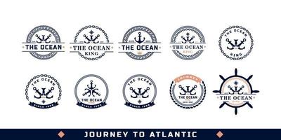 conjunto de emblema de ancla de rey náutico vintage. ancla y corona para insignias marinas elemento de plantilla de diseño de logotipo de barco vector