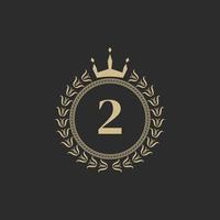 Number 2 Heraldic Royal Frame with Crown and Laurel Wreath. Simple Classic Emblem. Round Composition. Graphics Style. Art Elements for Logo Design Vector Illustration