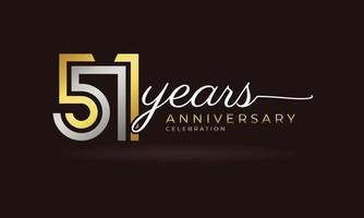 Logotipo de celebración del aniversario de 51 años con varias líneas vinculadas de color plateado y dorado para eventos de celebración, bodas, tarjetas de felicitación e invitaciones aisladas en un fondo oscuro vector