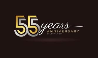 Logotipo de celebración de aniversario de 55 años con varias líneas vinculadas de color plateado y dorado para eventos de celebración, bodas, tarjetas de felicitación e invitaciones aisladas en un fondo oscuro vector