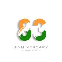 83 Year Anniversary Celebration with Brush White Slash in Yellow Saffron and Green Indian Flag Color. Happy Anniversary Greeting Celebrates Event Isolated on White Background vector