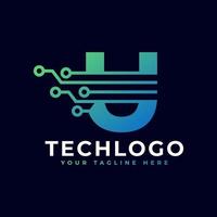 logotipo de la letra u de tecnología. plantilla de logotipo vectorial futurista con color degradado verde y azul. forma geometrica. utilizable para logotipos de negocios y tecnología. vector