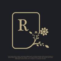 la plantilla de logotipo de lujo del monograma de la letra r rectangular florece. adecuado para la marca natural, ecológica, joyería, moda, personal o corporativa. vector