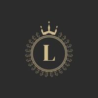 Initial Letter L Heraldic Royal Frame with Crown and Laurel Wreath. Simple Classic Emblem. Round Composition. Graphics Style. Art Elements for Logo Design Vector Illustration