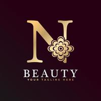 Elegant N Luxury Logo. Golden Floral Alphabet Logo with Flowers Leaves. Perfect for Fashion, Jewelry, Beauty Salon, Cosmetics, Spa, Boutique, Wedding, Letter Stamp, Hotel and Restaurant Logo. vector