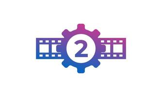 Number 2 Gear Cog Wheel with Reel Stripes Filmstrip for Film Movie Cinema Production Studio Logo Inspiration vector