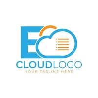 logotipo de tecnología en la nube. letra inicial e con nube y documento para el concepto de tecnología. señal meteorológica de software de datos vector