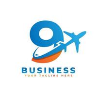 número 9 con diseño de logo de avión. adecuado para giras y viajes, puesta en marcha, logística, plantilla de logotipo empresarial vector