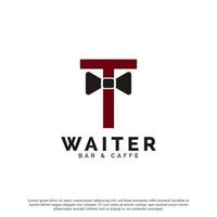 Initial Letter T Waiter Bow Tie Hotel Restaurant Logo Design. Waitress Vector Logo Template.