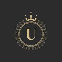 Initial Letter U Heraldic Royal Frame with Crown and Laurel Wreath. Simple Classic Emblem. Round Composition. Graphics Style. Art Elements for Logo Design Vector Illustration