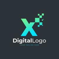 logotipo de la letra x de tecnología. forma geométrica azul y verde con puntos de píxeles cuadrados. utilizable para logotipos de negocios y tecnología. elemento de plantilla de ideas de diseño. vector