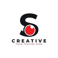 Abstract Eye Logo Letter S. Black Shape S Initial Letter with Red Eyeball inside. Use for Business and Technology Logos. Flat Vector Logo Design Ideas Template Element