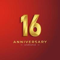 16 Year Anniversary Celebration with Golden Shiny Color for Celebration Event, Wedding, Greeting card, and Invitation Card Isolated on Red Background vector