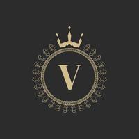 Initial Letter V Heraldic Royal Frame with Crown and Laurel Wreath. Simple Classic Emblem. Round Composition. Graphics Style. Art Elements for Logo Design Vector Illustration