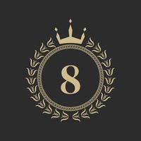 Number 8 Heraldic Royal Frame with Crown and Laurel Wreath. Simple Classic Emblem. Round Composition. Graphics Style. Art Elements for Logo Design Vector Illustration