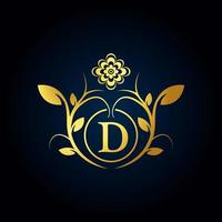 Elegant D Luxury Logo. Golden Floral Alphabet Logo with Flowers Leaves. Perfect for Fashion, Jewelry, Beauty Salon, Cosmetics, Spa, Boutique, Wedding, Letter Stamp, Hotel and Restaurant Logo. vector