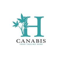 Letter H Green Canabis Logo Alphabet With Medical Marijuana Leaf. Usable for Business, Science, Healthcare, Medical and Nature Logos. vector