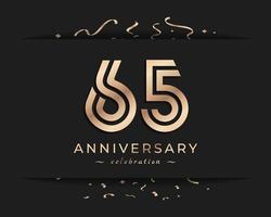 65 Year Anniversary Celebration Logotype Style Design. Happy Anniversary Greeting Celebrates Event with Golden Multiple Line and Confetti Isolated on Dark Background Design Illustration vector