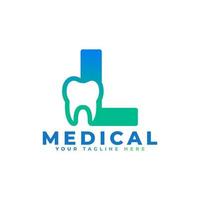 logotipo de la clínica dental. letra inicial de forma azul l vinculada con el símbolo del diente en el interior. utilizable para dentista, atención dental y logotipos médicos. elemento de plantilla de ideas de diseño de logotipo de vector plano.