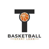 Letter T with Basket Ball Logo Design. Vector Design Template Elements for Sport Team or Corporate Identity.