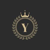 Initial Letter Y Heraldic Royal Frame with Crown and Laurel Wreath. Simple Classic Emblem. Round Composition. Graphics Style. Art Elements for Logo Design Vector Illustration