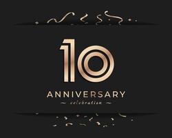10 Year Anniversary Celebration Logotype Style Design. Happy Anniversary Greeting Celebrates Event with Golden Multiple Line and Confetti Isolated on Dark Background Design Illustration vector